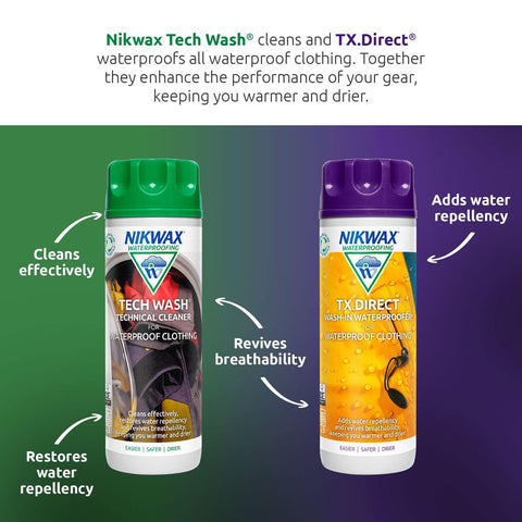 Nikwax TECH WASH 1L + TX DIRECT SPRAY-ON 500ml, Complete Care System for Thoroughly Cleaning, Enhancing Water Repellency, Revitalising Breathability of Wet Weather Clothing