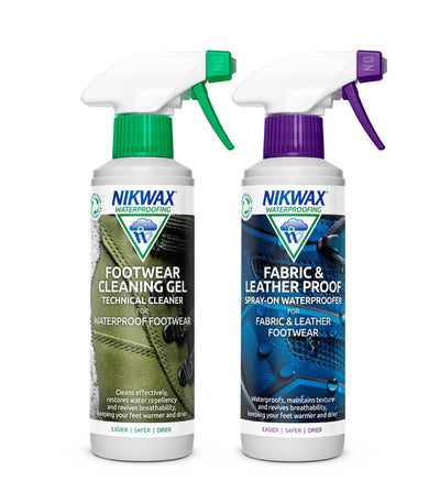 Nikwax Footwear Cleaning Gel & Fabric & Leather Proof 300ml Spray Twin pack